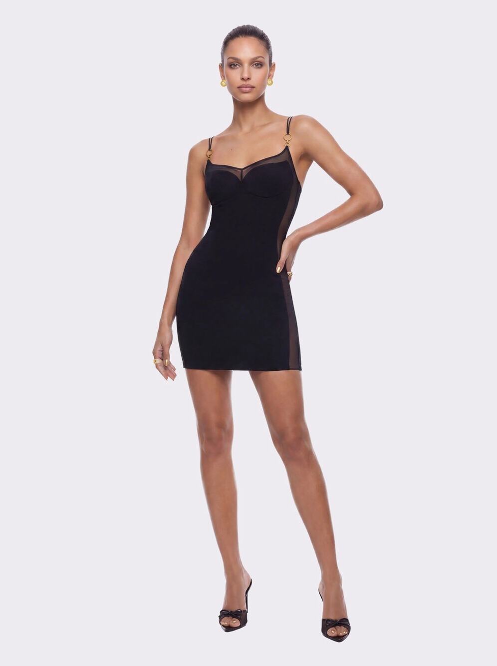 Nana Jacqueline Rafaella Mesh Black Dress M Mini Bodycon Sheer Panel Gold Strap